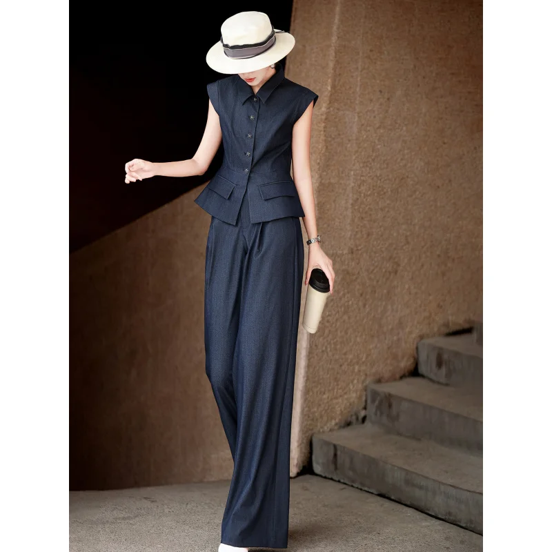 MEXCOCO Summer New High-end Commuter Two Piece Set, Waist Cinched Vest Tank Top & Wide Leg Pants Outfit