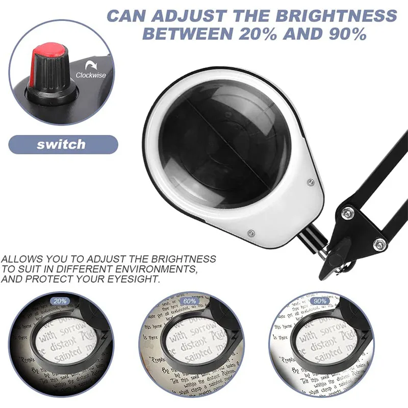 Lente d'ingrandimento con luce e supporto Lente d'ingrandimento da lettura a LED Braccio in metallo esteso regolabile per ricamo/gioielli PD97S