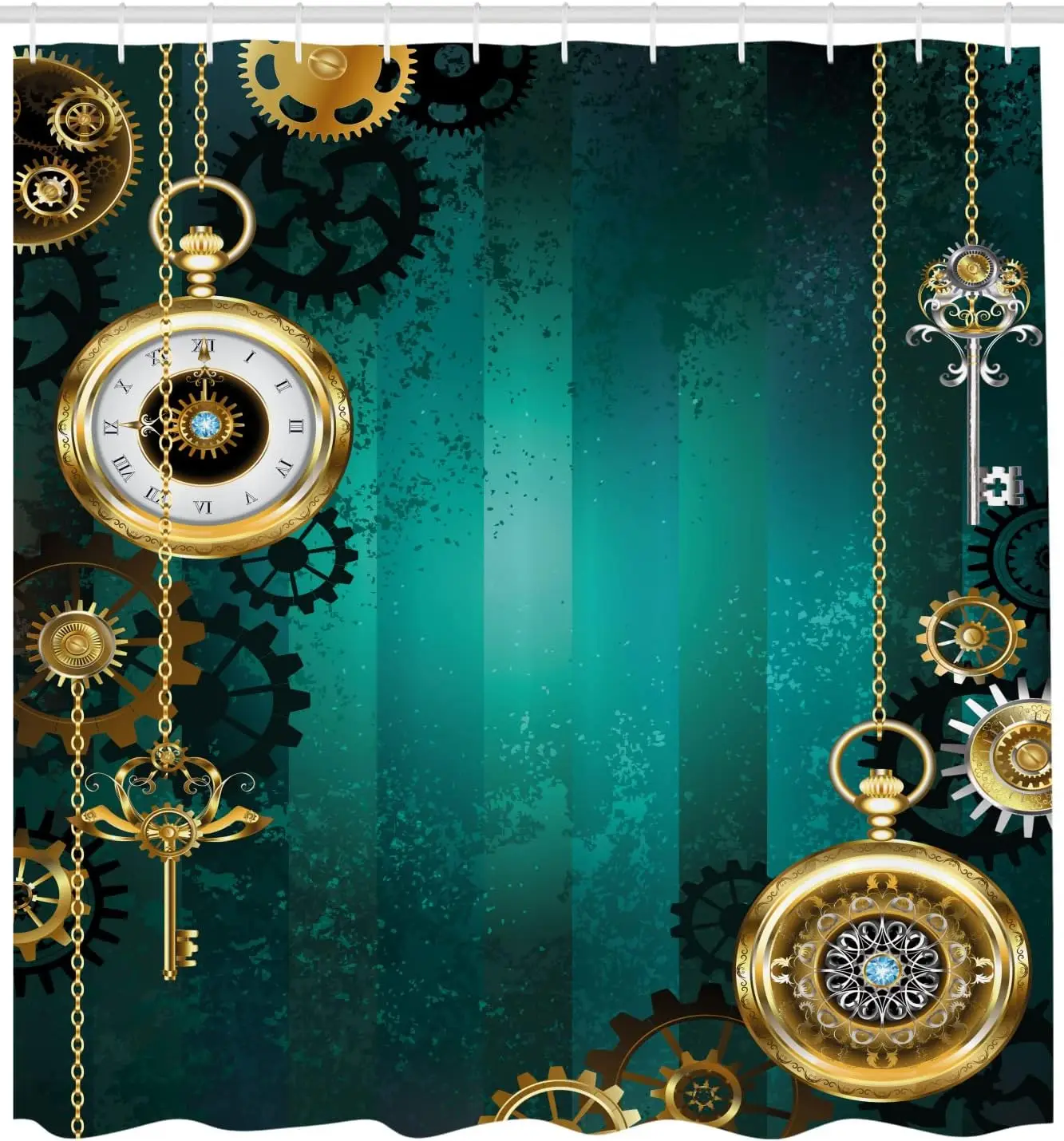 Industrial Shower Curtain, Antique Items Watches Keys and Chains Steampunk Influences Illustration, Cloth Fabric Bathroom Decor
