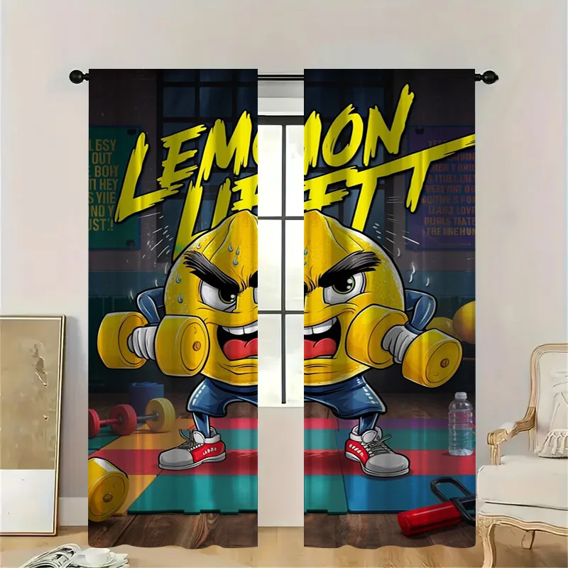 2pcs LEMON UFF Fitness Curtains with Rod Pocket, Anthropomorphic Lemon Weightlifting Sheer , Funky Kitchen or Gym Decor