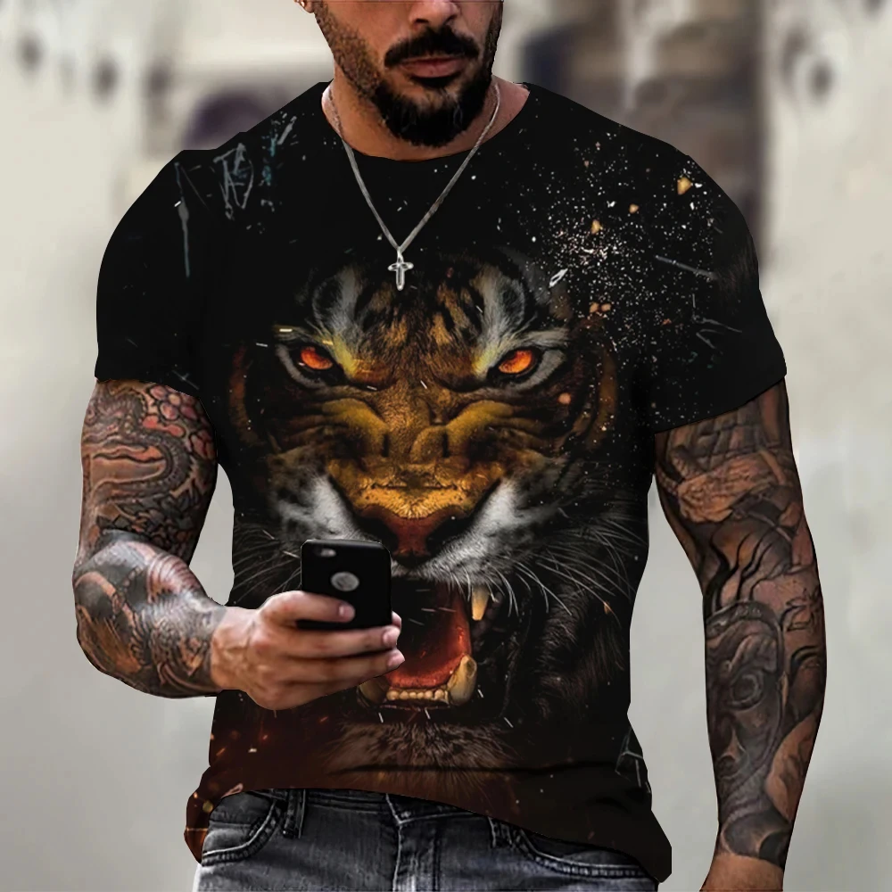 Tiger Fighting Animal Beast Fierce Lion Leopard Print 3D T-Shirt Men's Short Sleeve Tops Oversized Shirt Men O-Neck Fashion Tees