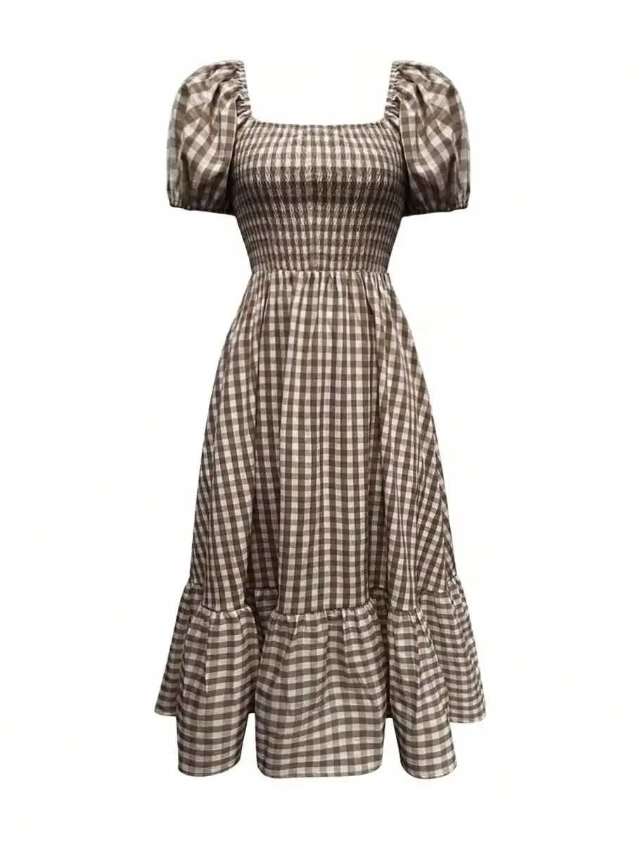 

Womens Plaid Puff Sleeve Ruffle Hem Pleated Casual Dress Coffee Color