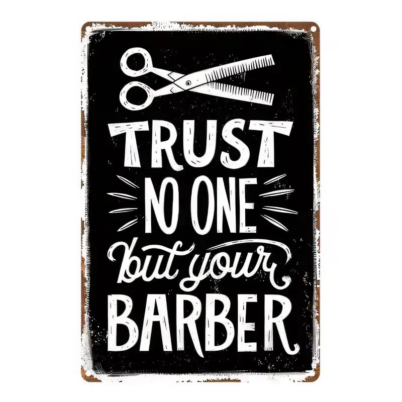 Vintage Distressed Metal Barber Sign - Black & White Trust No One Scissors Design, Iron Wall Art for Barbershops/Home Decor, Rus