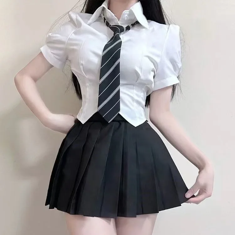 Zestaw 2-częściowy: Sukienka mini z bufiastymi rękawami, wyszczuplająca, nowość 2025, styl \"Spicy Girl\", czysta pożądanie, uniform JK, damski zestaw na lato.