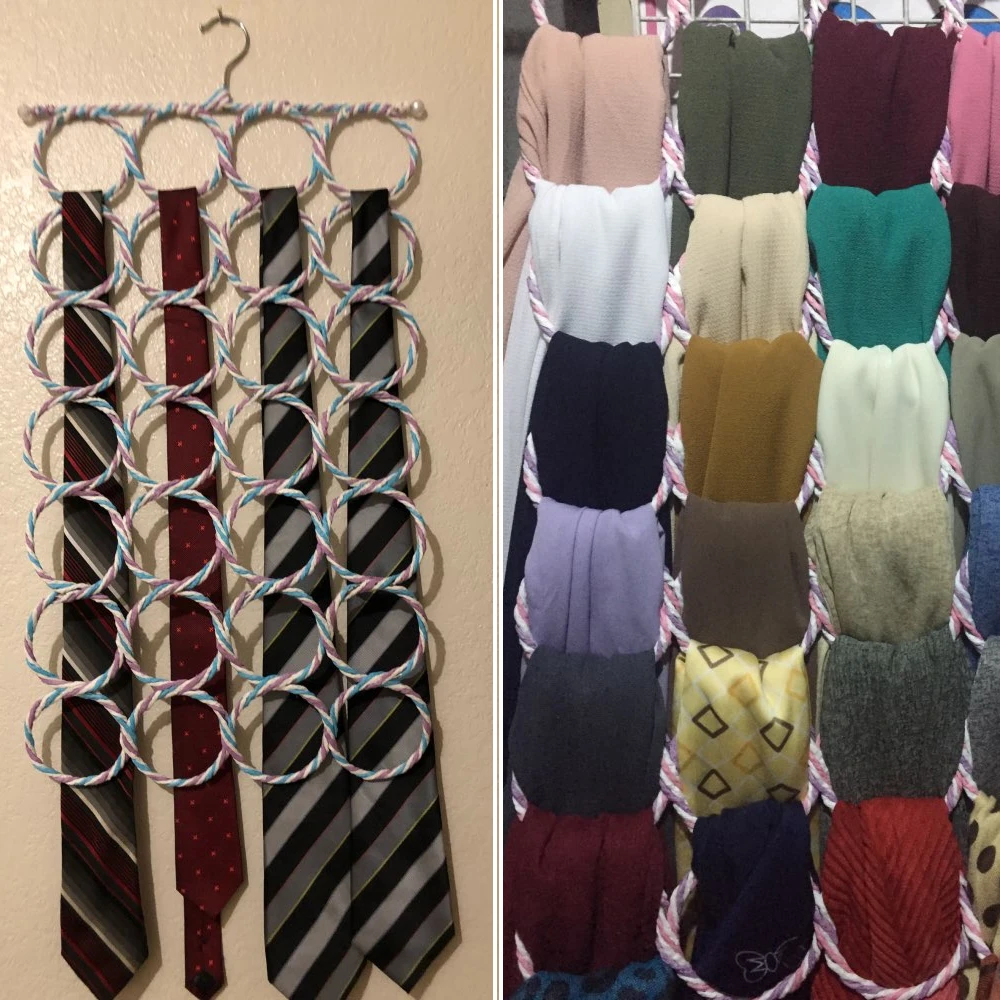 28 Holes Scarf Holder Foldable Tie Belt Hook Shawl Scarves Organizer Rattan Weave Hanger Wardrobe Storage Holder Display Rack