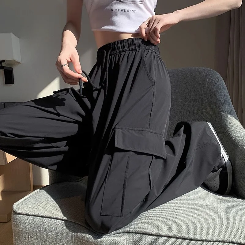 

Американские повседневные брюки с высокой талией и широкими штанинами для женщин, летние, тонкие, из ледяного шелка, быстросохнущие, свободного кроя, спортивные, для отдыха