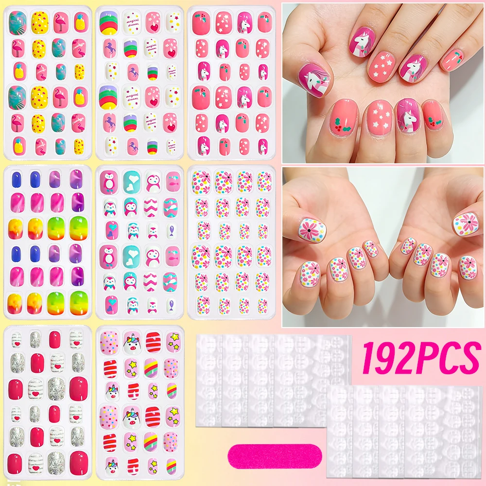 192-pecas-de-unhas-posticas-curtas-quadradas-para-meninas-com-desenhos-fofos-de-unicornio-e-flores-pontas-de-unha-falsas-curtas-adesivo-completo-com-cola-em-gel-e-lixa