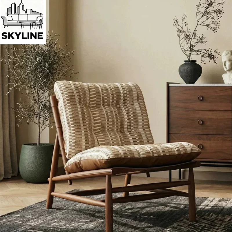 Medieval Brown Striped Solid Wood Lazy Recliner for Living Room & Balcony