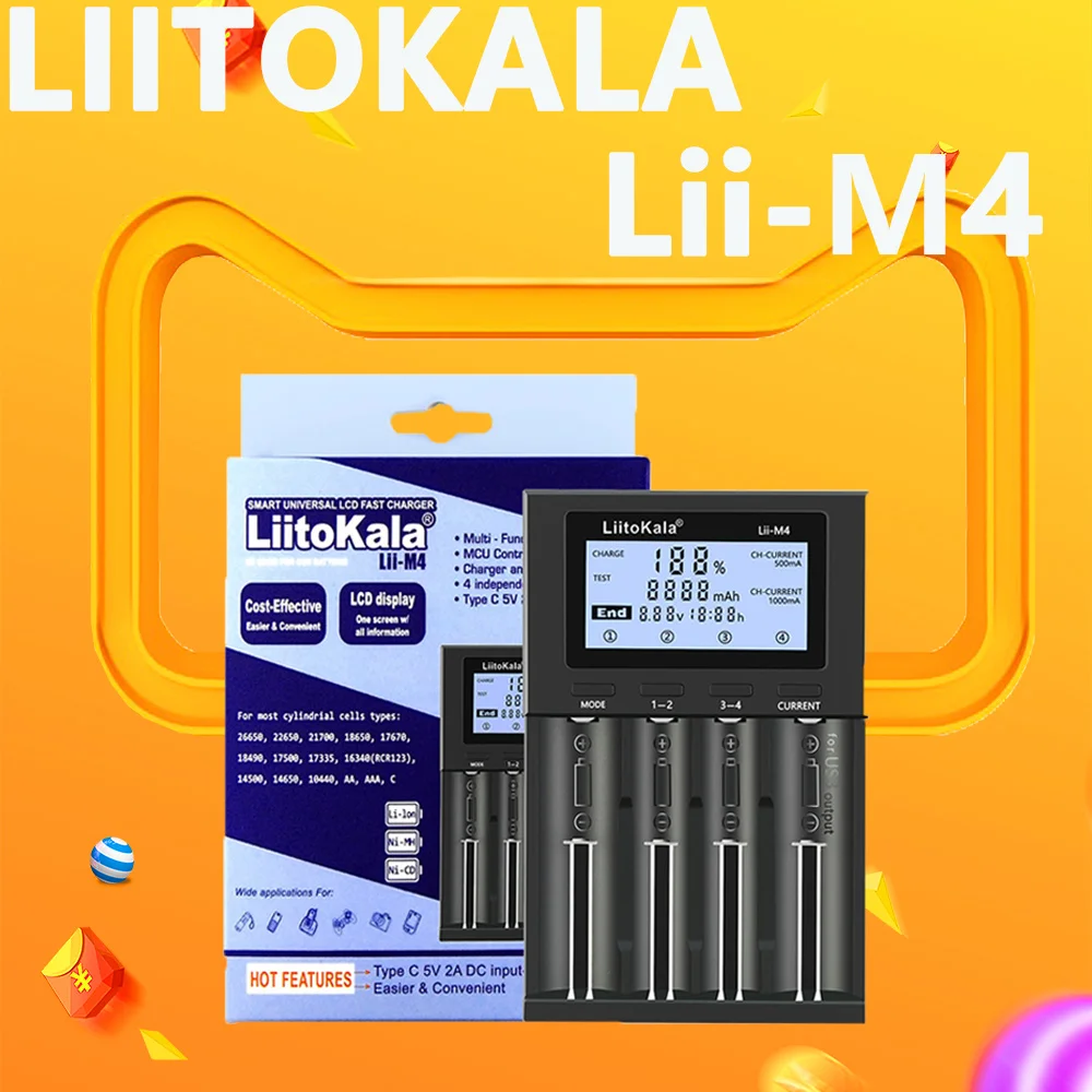 LiitoKala Lii-M4 LCD 3.7V/1.2V AA/AAA 18650/26650/16340/14500/10440/18500 Carregador de bateria com tela Capacidade detectável 5V