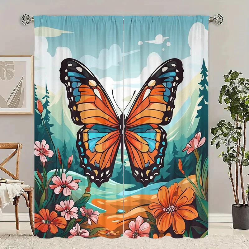

2PCS- Cartoon Butterfly - Printed curtain, 100% polyester material, suitable for bedroom curtains and living room decoration.