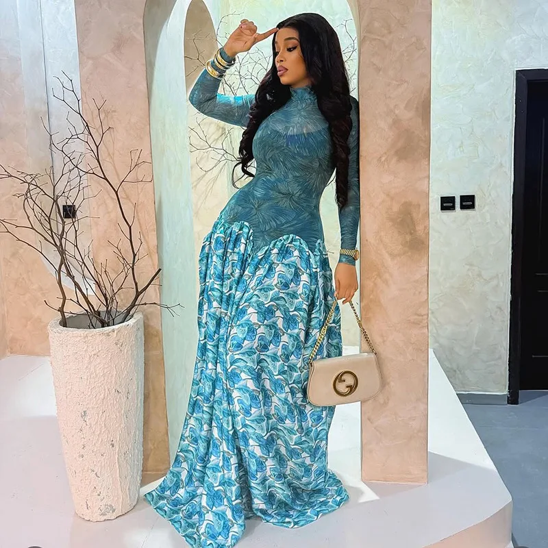 Luxuriöses Türkisblaues Maxikleid für Damen mit Transparentem Netzstoff-Patchwork, Langes A-Linien-Kleid mit Hoher Taille und Ausgestelltem Rock, Vestidos