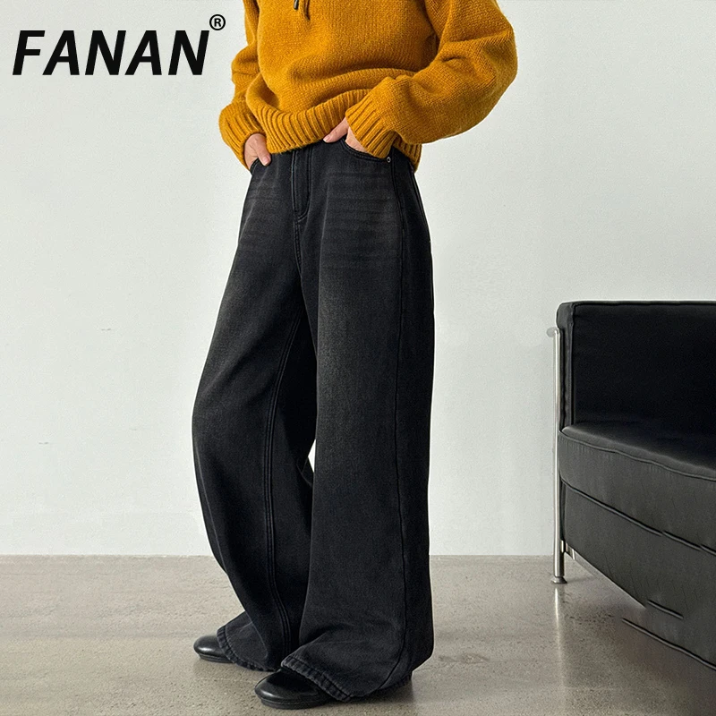 

FANAN толстые теплые джинсы для женщин, прямые широкие джинсовые брюки с высокой талией, свободные брюки, офисная женская одежда, новинка зимы