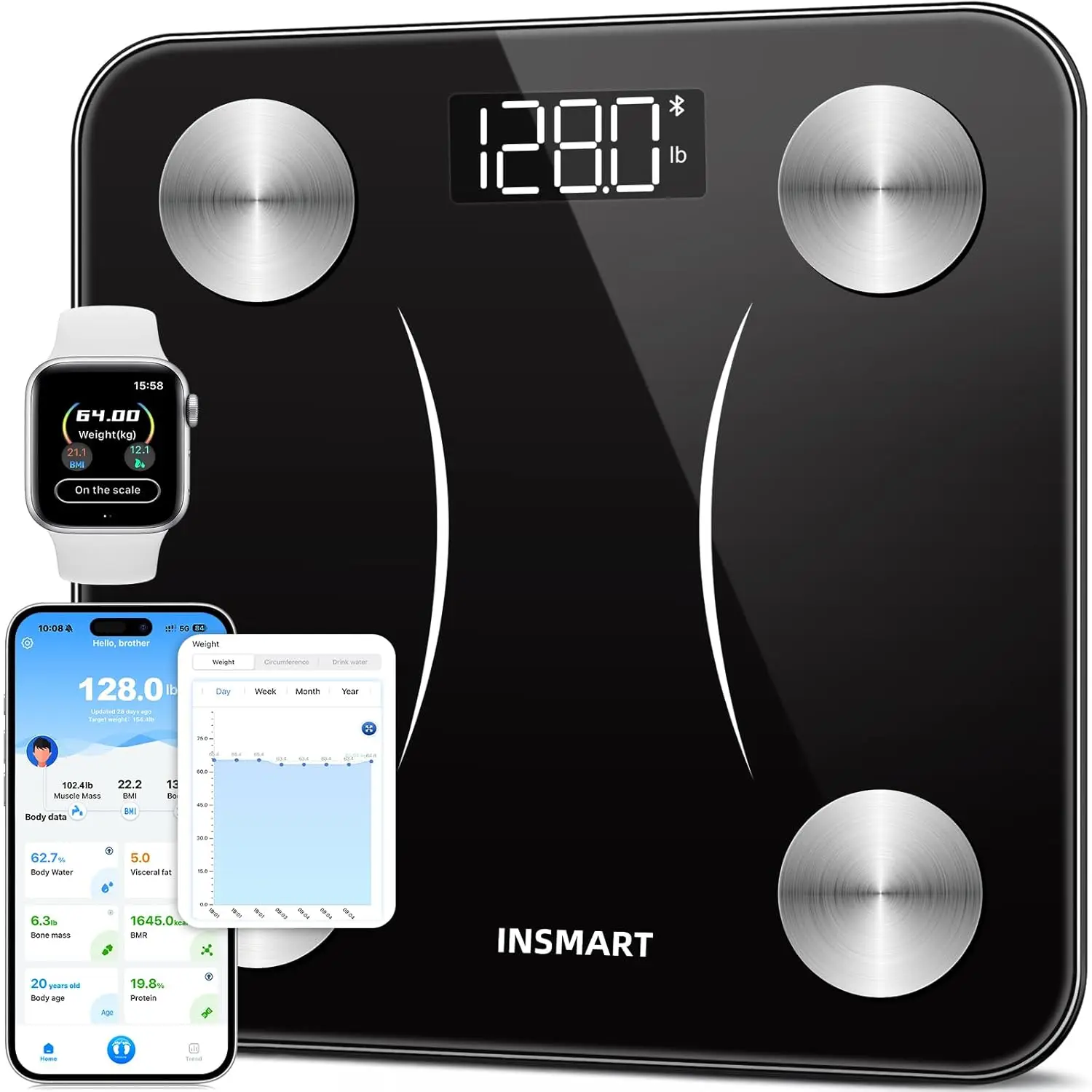 

Smart Body Fat Scale with 0.1lb Accuracy, BMI & Muscle Analyzer, Syncs to App, LED Display, 400lb Capacity, Black