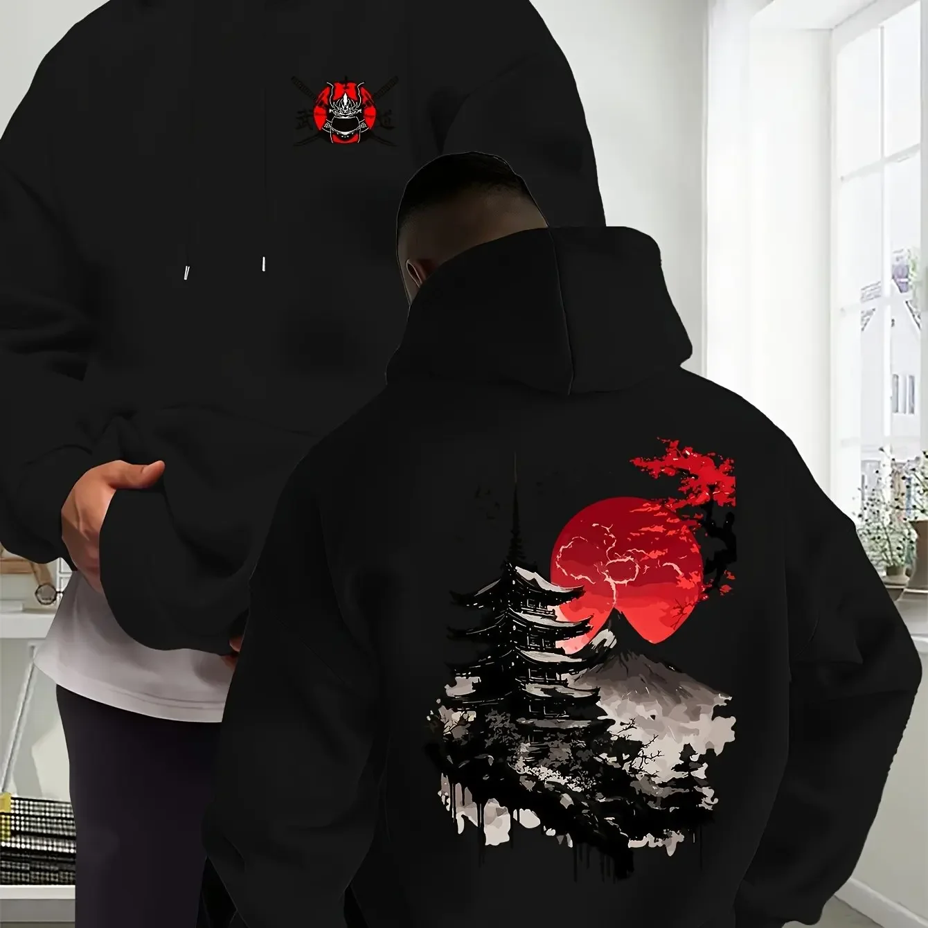 Traditional Japanese Ink‑Wash Style Mens Hooded Sweatshirt Samurai Mask Mountain Scenery Front‑Back Print Black Hoodie