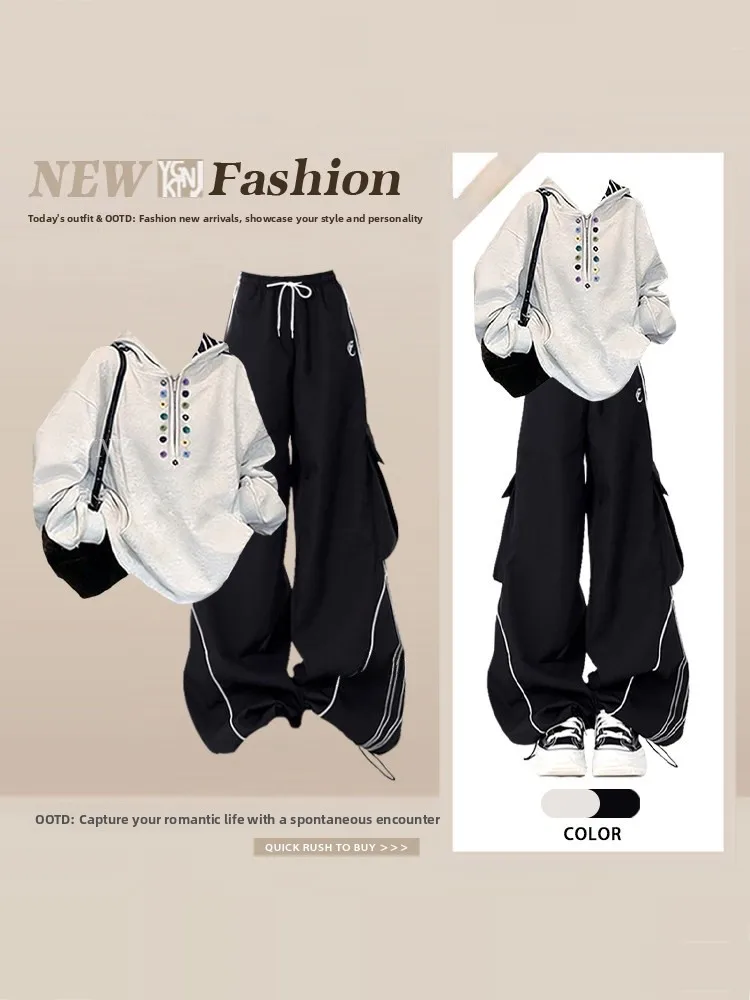 

Loose Spor Wide Leg Pants Set with Dstring Color Blo Hoodie Women's Faion Spring Outfit High Waist Long Sve Sweat...