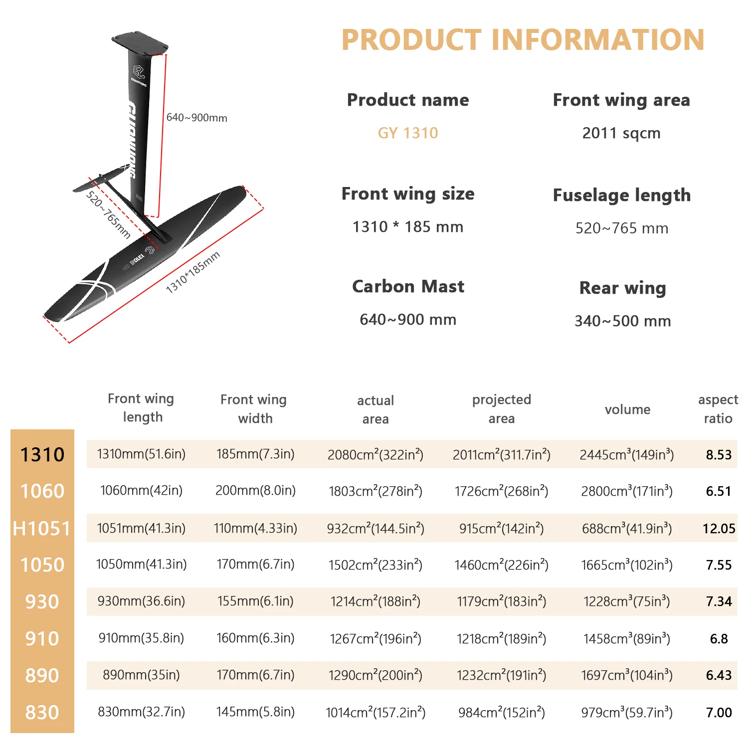 GY 1310 Carbon Mast Wing Surfing beginner wave Board Paddle Pumping Efoil Fin Wingfoil Foil  Kitesurf Surfboard for Hydrofoil