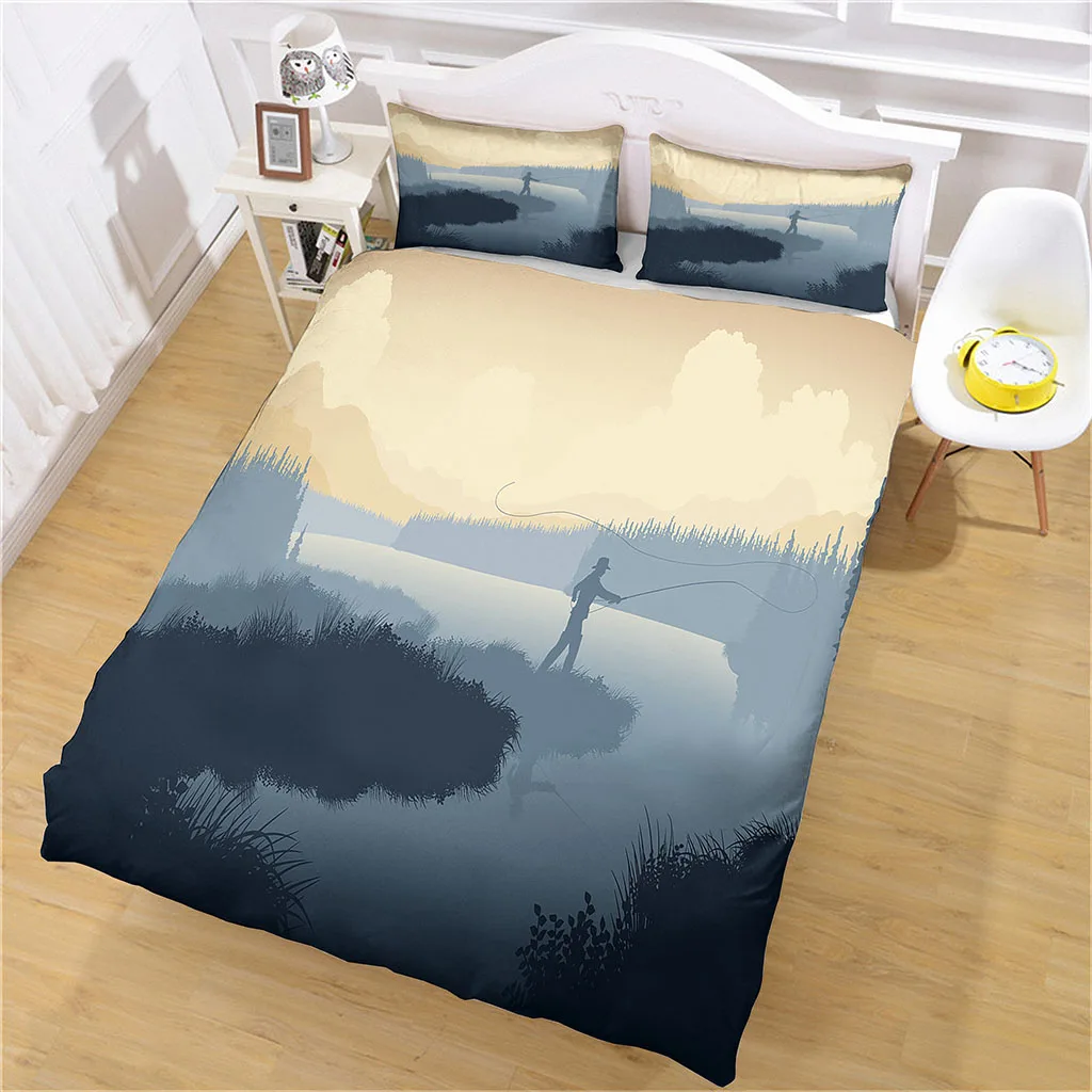 HUANZHUANG Kid'S Duvet Cover Boys Blue Lakes Fisherman Quilt Cover Girls Room Gorgeous Bedding King/Queen Size Polyester King Co