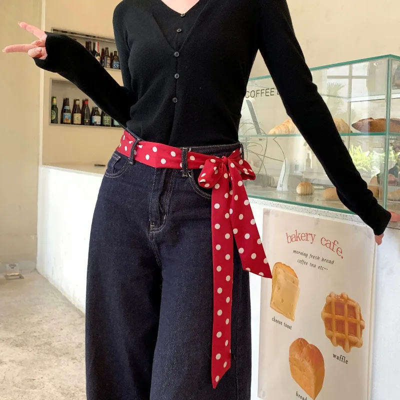 Ins Style Retro Polka Dot Silk Scarf 190cm Slim Strip Ribbon New High value Scarf Bag Wrapped Belt Women Accessories Wholesale
