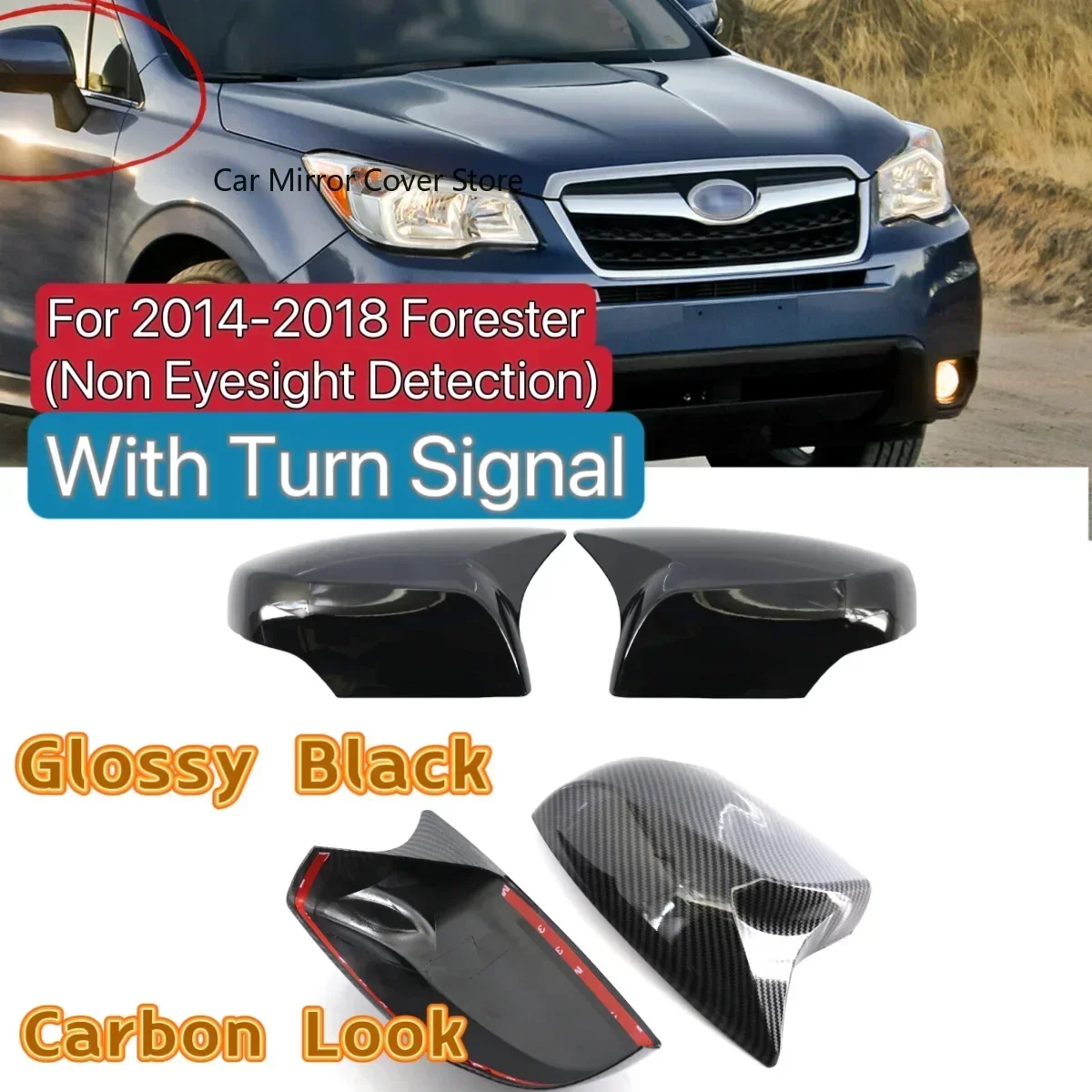 For 2014-2018 Forester Non Eyesight Detection/2013-14 Crosstrek Glossy Black Carbon Look Side Wing Mirror Cover With Turn Signal