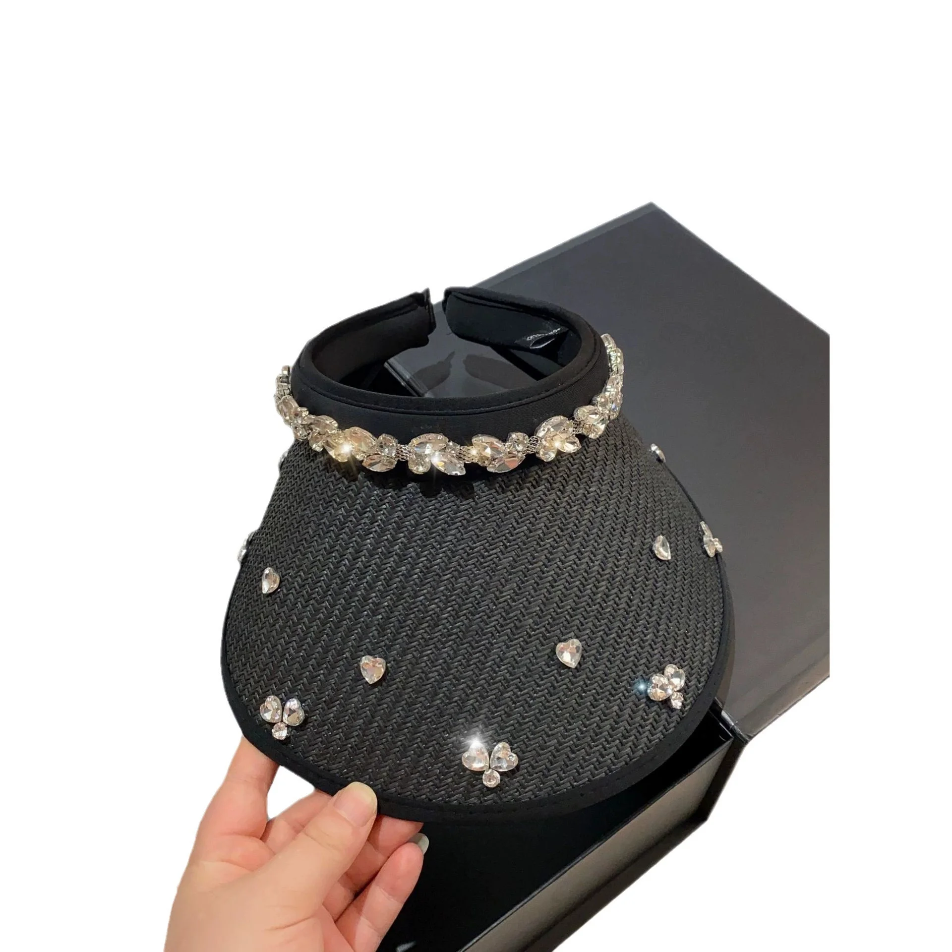 Women's Open-Top Summer Hat: French-Style Sun Hat with Rhinestone Embellishment – Outdoor Black Fabric UV Protection Sun Hat