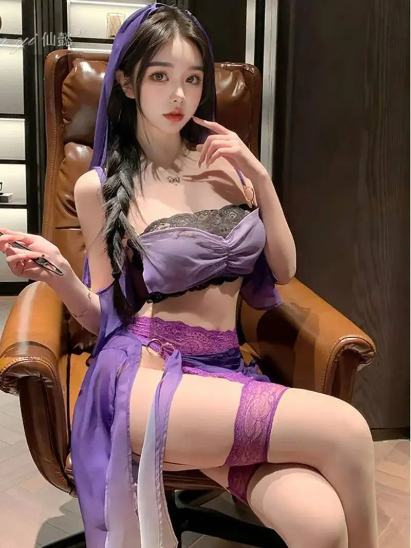 

Сексуальная одежда Pure Desire в древнем стиле с поясом на животе, сексуальное искушение, сексуальная униформа, комплект из двух предметов с юбкой, фиолетовый, милый, модный P0FU