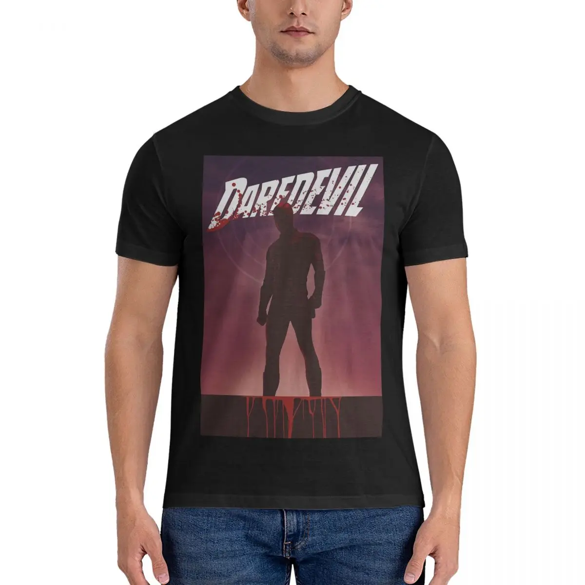 Men Blood T Shirt Marvel Daredevil 100% Cotton Tops Leisure Short Sleeve Round Neck Tees Graphic Printed T-Shirts