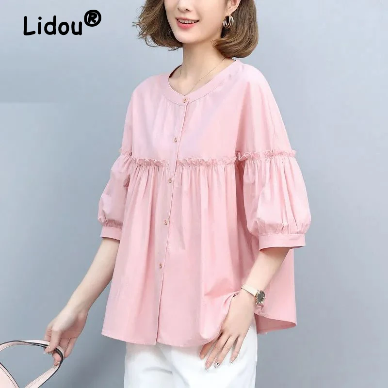 2023 Spring Summer Korean Kawaii Sweet Ruffle Oversized Street Shirts Fashion Casual Simple Solid O Neck Top Blouse Women Blusas