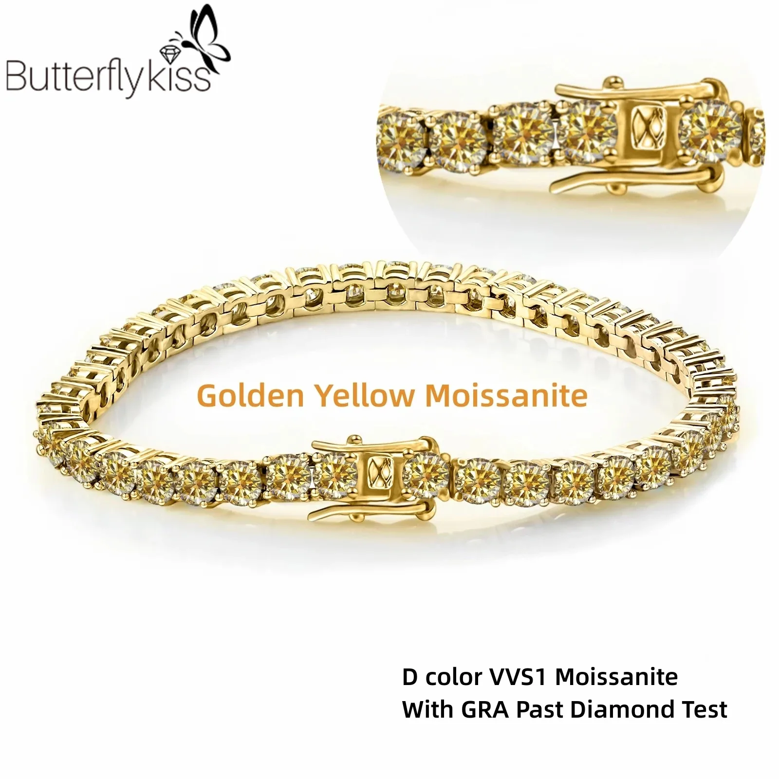 Butterflykiss Luxury GRA Golden Yellow 5/6.5mm Moissanite Tennis bracciali per donna uomo S925 argento Sterling placcato oro rosa