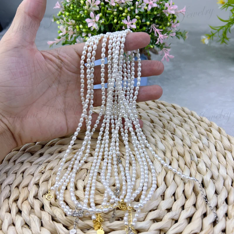 Cheap Small Rice 4-5mm White Real Natural Freshwater Pearl Necklace Design 925 Sterling Silver