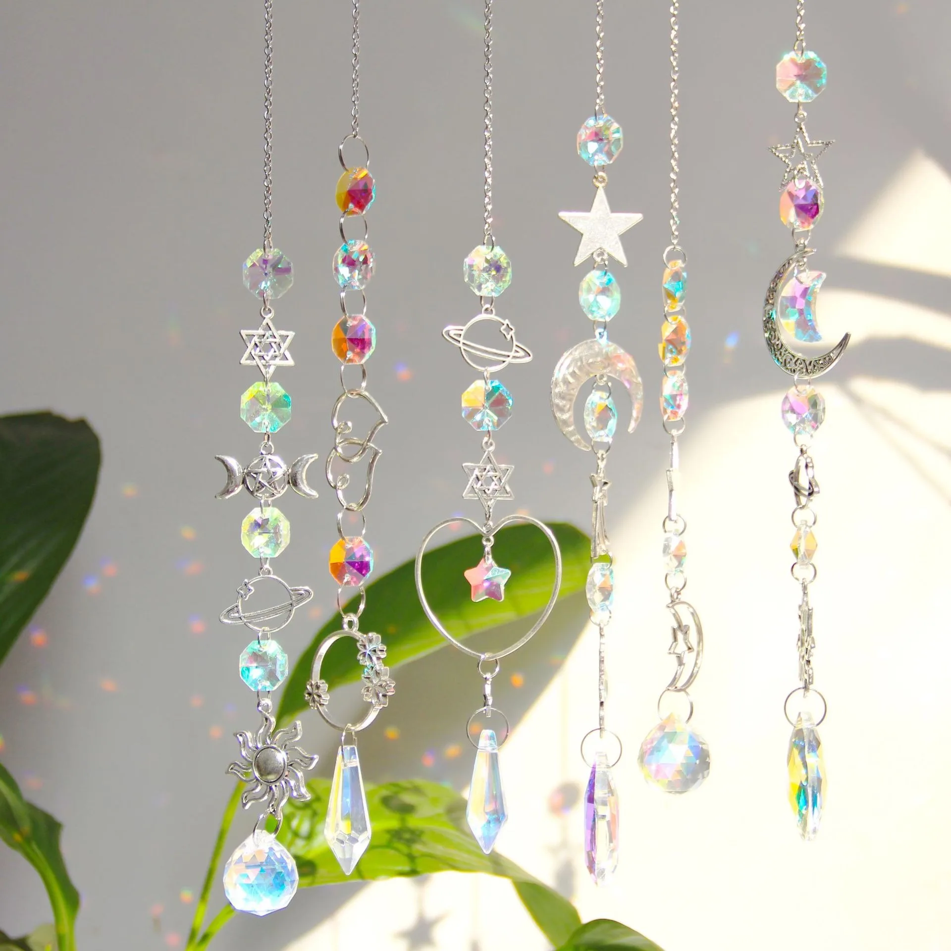 Silver Planet Theme Suncatcher Sun Moon Star Crystal Pendant Sun Catcher Home Outdoor Garden Decoration Wedding Party Decor Gift