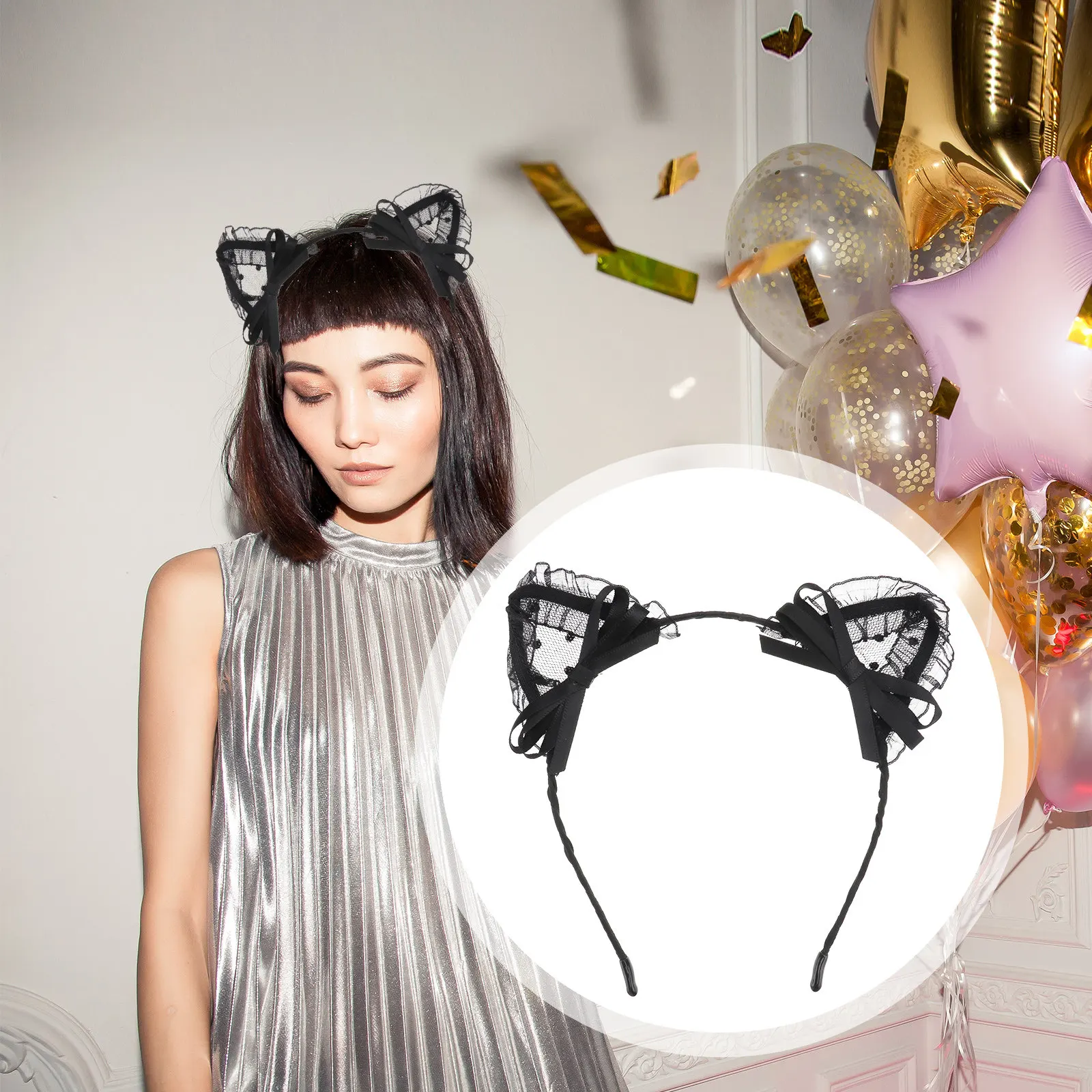 

1Pcs Cat Ear Headband Black Net Lace Yarn Party Hair Decor Festival Cosplay Headdress Creative Hairwear Cosplay Hair Hoop