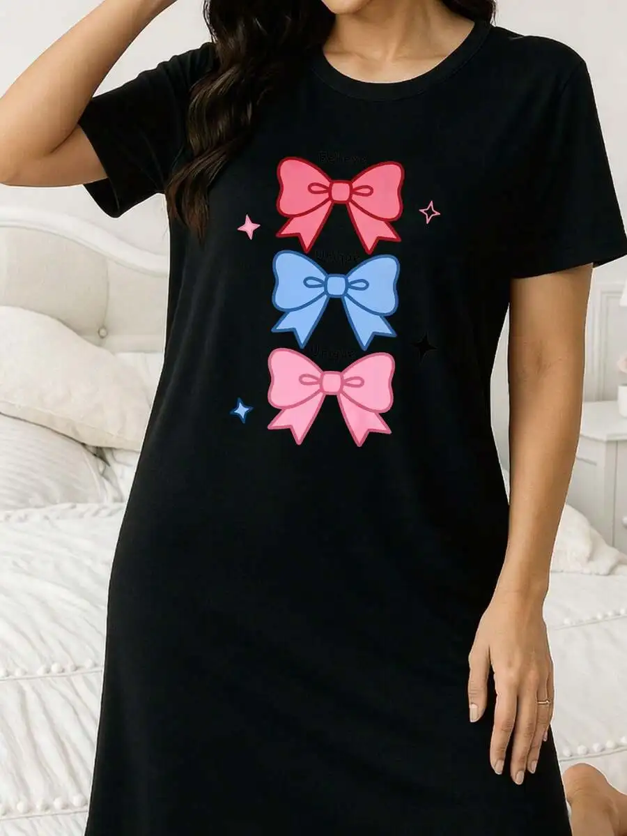 White Sleep Dress With Believe Unique Triple Bow Print Women Loungewear Nightgown Plus Size - view 3