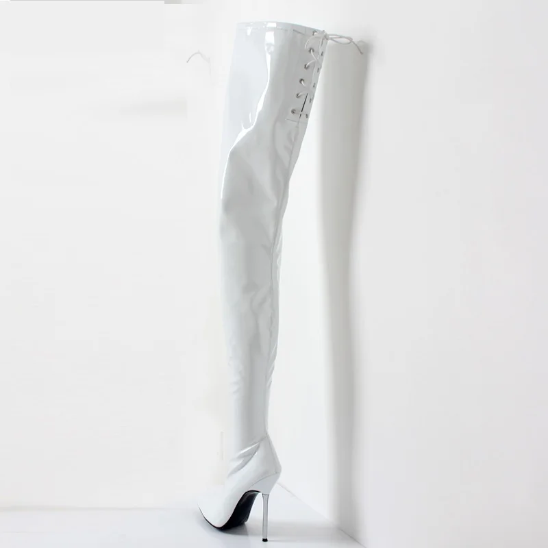 FHC 12cm Metal Heel,Women Thigh High Boots,Fetish Stage Dance Shoes,Men Cosplay Botas,Pointed Toe,Big Size 46,Customized Colors