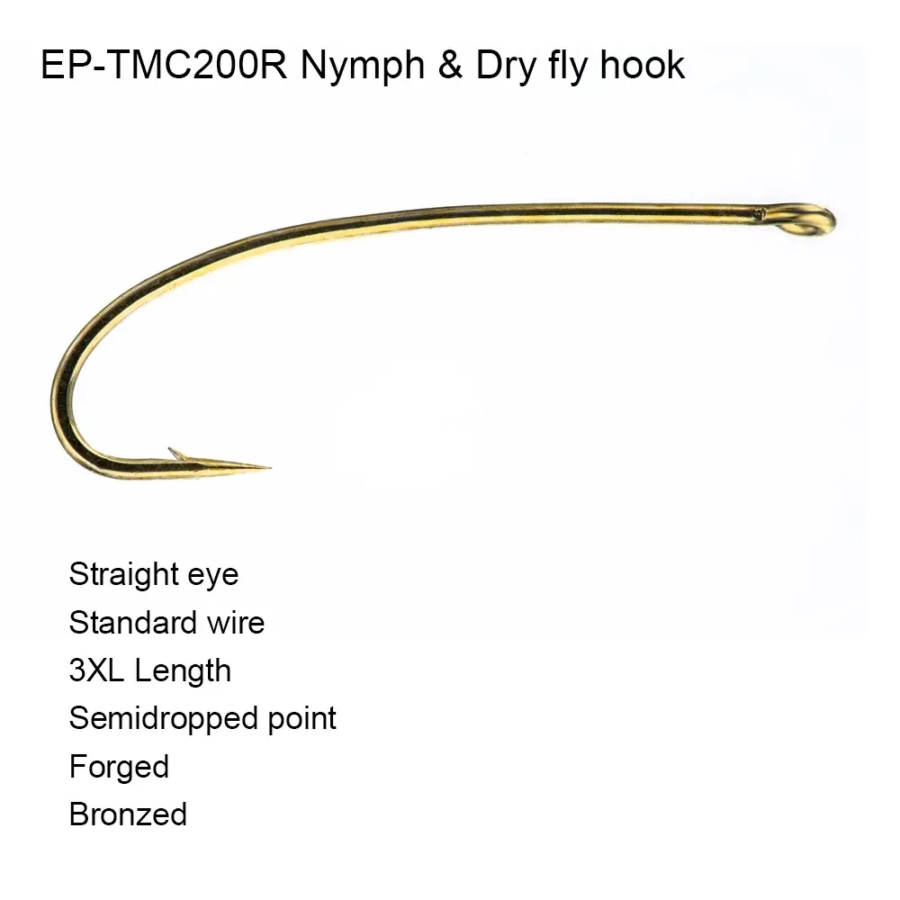 100pcs Eupheng EP-TMC200R Nymph Dry Fly Hook Standard Wire 3X Long Straight Eye Semidropped Point Forged Fly Fishing Hooks