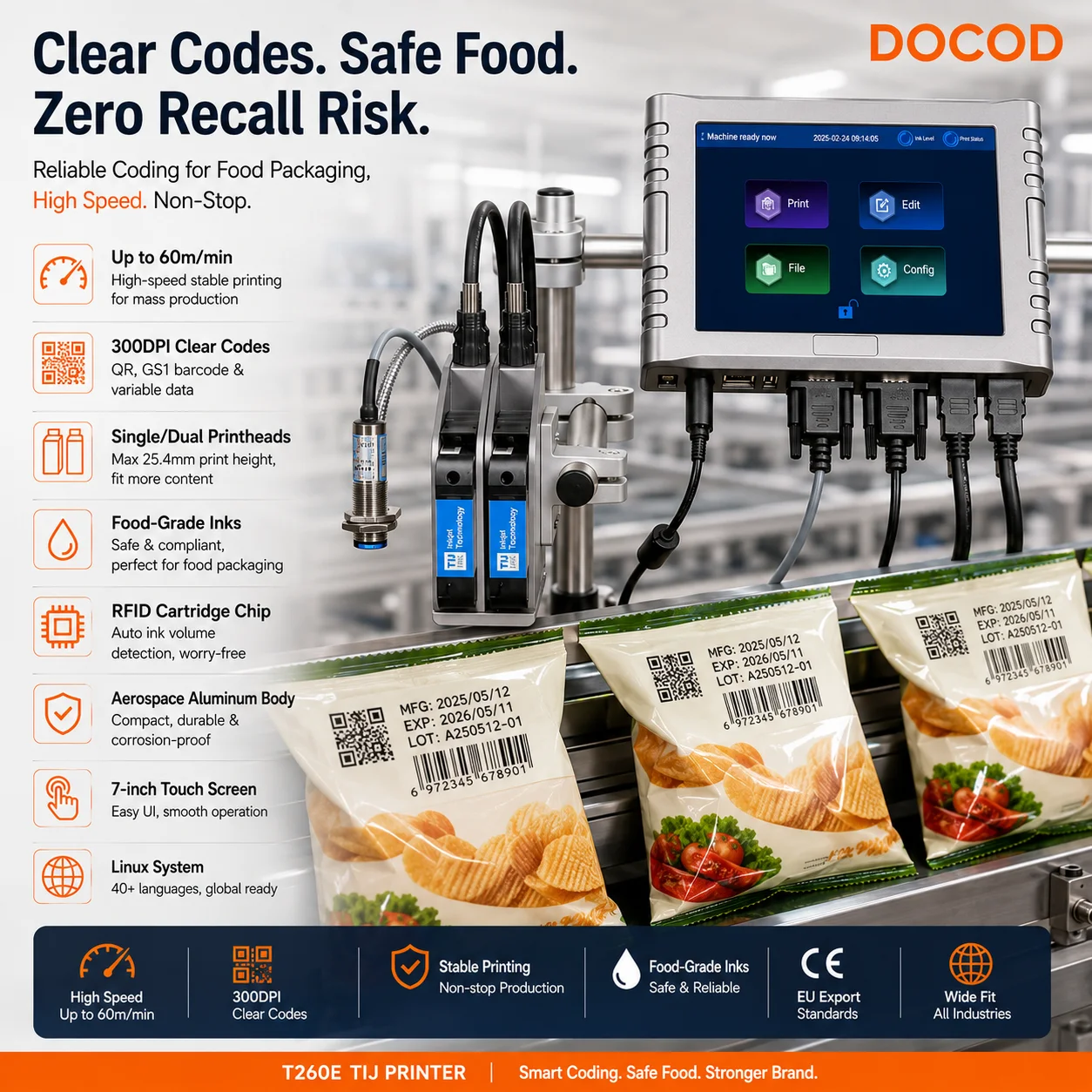 High Resolution TIJ Expiry Date Coding Machine Docod OEM T260E 25.4mm Inkjet Barcode Qr Code Printing Printer for Plastic Bags