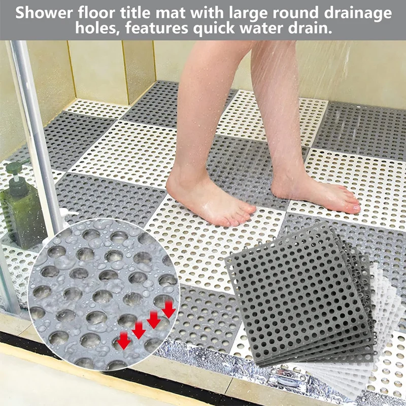 Square Shower Stall Mats Soft Non Slip Large Bathroom Sensory Floor Mat with Hole Kitchen Bathtub Pool Outdoor Mats Rubber Tiles