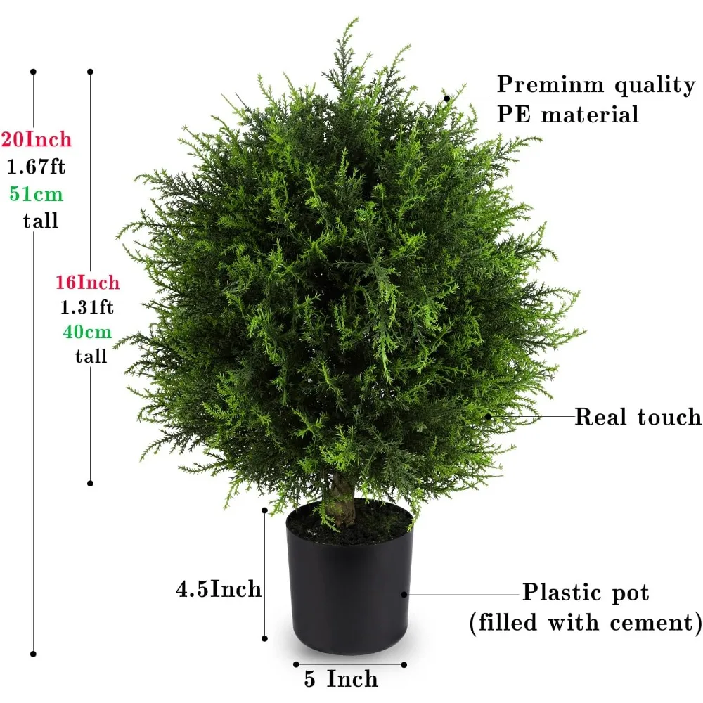 Artificial Topiary Cedar Ball Tree 20'' Potted Plants UV Rated Artificial Shrubs  Ball Tree for Indoor Outdoor Home Decor 2 Pack