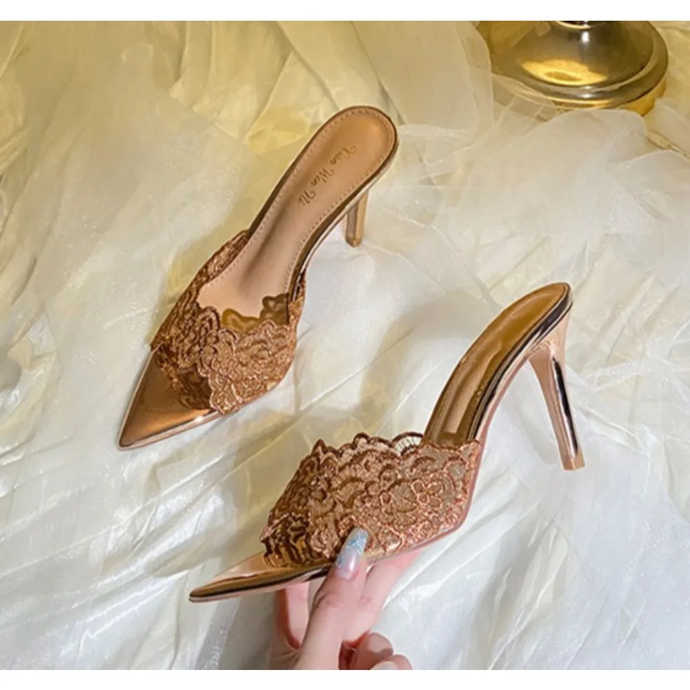 Luxury Lace Crochet Mule Slipper Woman Brand Design Point Toe High Heel Slide Sandal Ladies Elegant Evening Party Stiletto Shoes