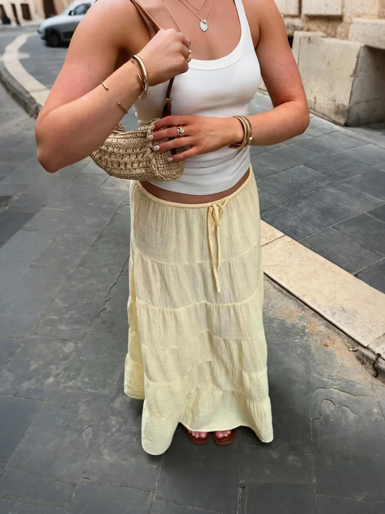 

Tossy Yellow Loose Cake Maxi Skirt Female Lace Up Patchwork Casual Low-Waist Streetwear Solid Clothes Female Maxi Skirts 2026