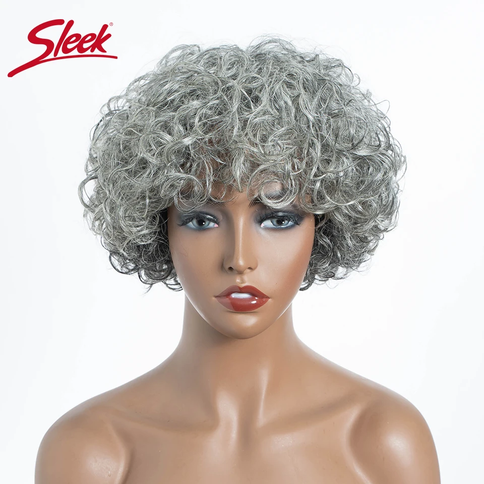 

Sleek Brazilian Jerry Curl Short Grey Wavy Bob Wigs Nature Remy Human Hair Machine Made Silver 44# 51# Wigs For Black Women