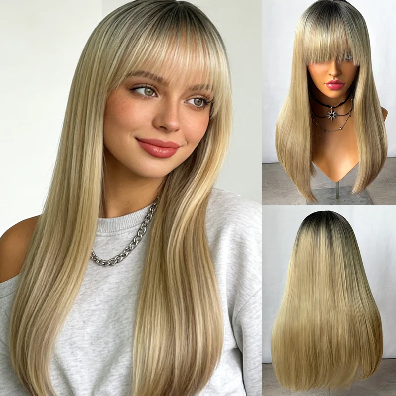Natural Parting Ombre Blonde Bangs Wig for Women Synthetic HD Lace Front Wigs Heat Resistant Fibre Realistic Wig Fringe Glueless