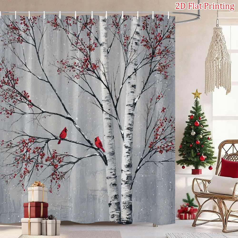 2D Flat, 2D Flat, 1pc of Winter Red Cardinal 2D Flat Shower Curtain Featuring a Birch Tree Blossom Nature Design, Made of Polyes