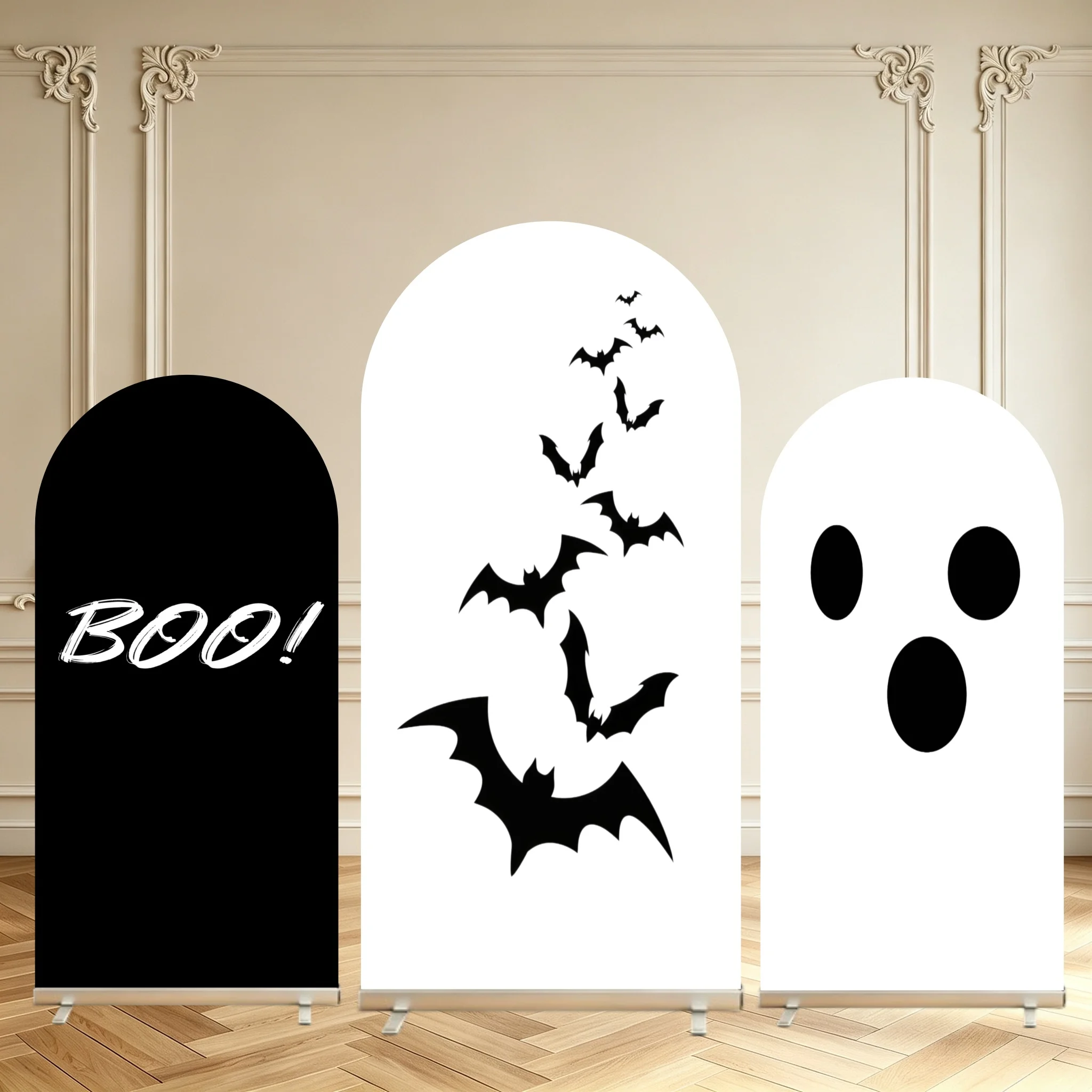 Halloween Arch Cover Backdrop Solid Black White Bat Ghost Face Halloween Party Decoration Double Sided Arch Cover Background