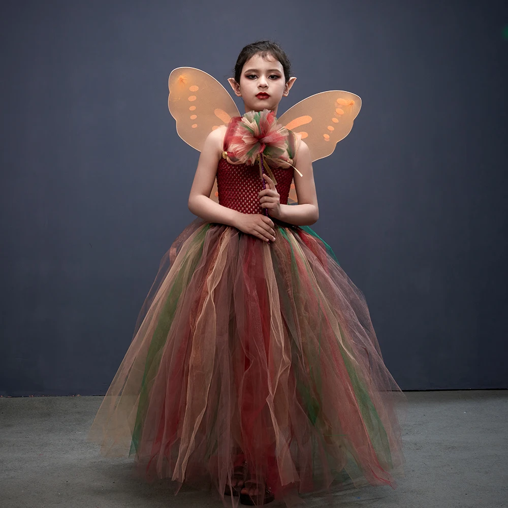 

Forest Fairy Princess Costume for Halloween Birthday Party Fancy Dress Fall Children Woodland Nymph Pixie Gown Tutu Dress Wing