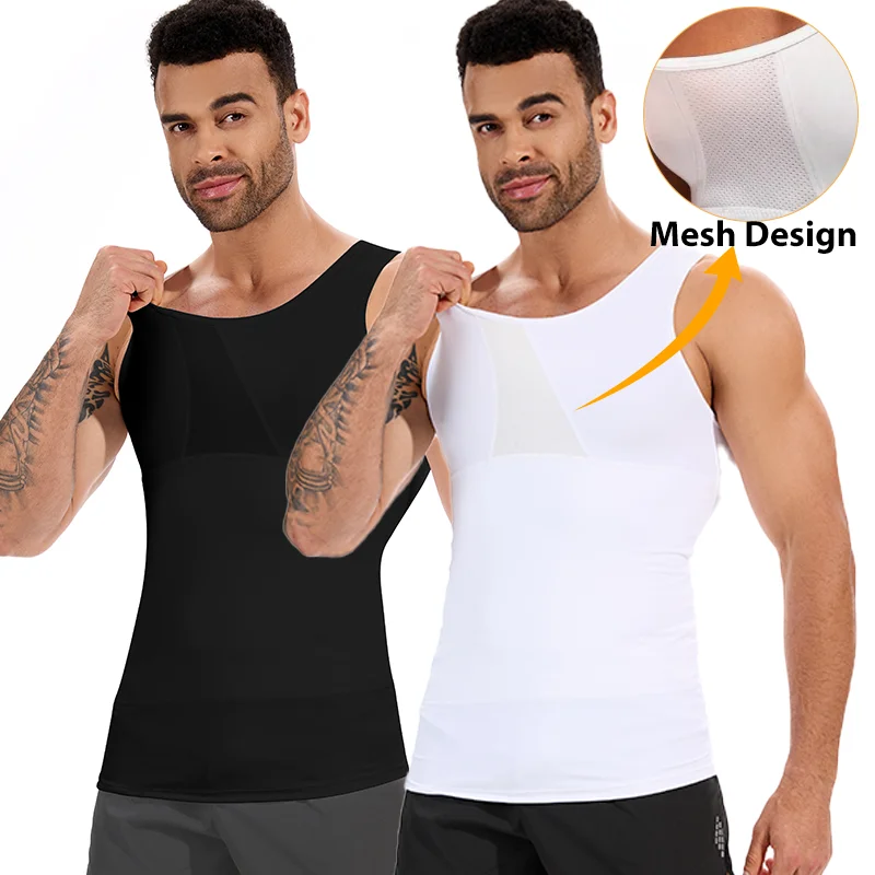 Men Compression Tank Top Slimming Shapewear Double Layer Tummy Control Breathable Mesh Bust Body Shaper High Elastic Undershirt