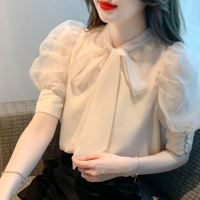 Fashion Bow Collar Apricot Chiffon Blouse Shirt Women Tops Blusas Mujer De Moda 2024 Verano Short Sleeve Blouse Women Blusa G587