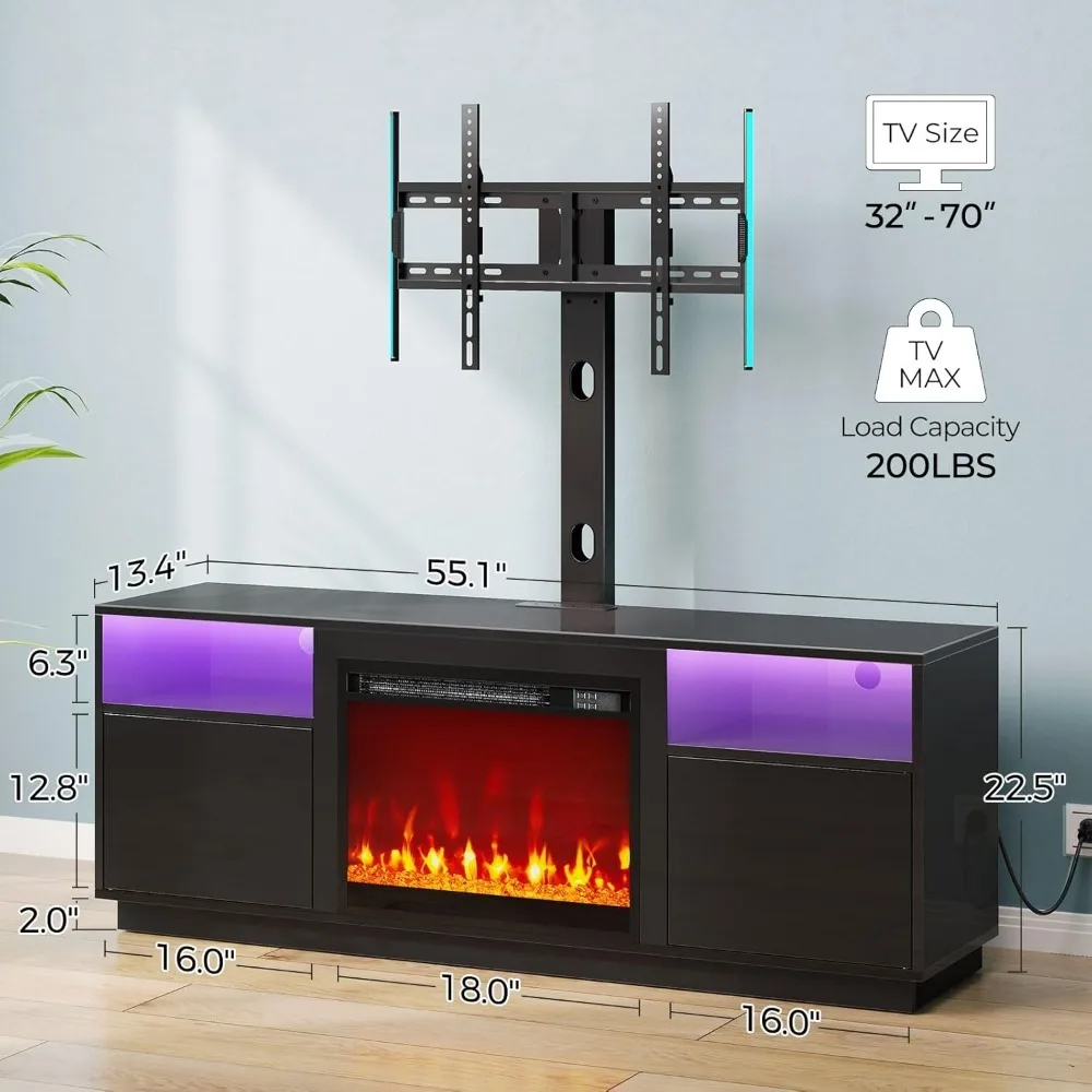 Fireplace TV Stand For 45/55/60/65 Inch, With Led Lights & Power Outlet & Electric Fireplace, Height Adjustable, Swivel TV Mount