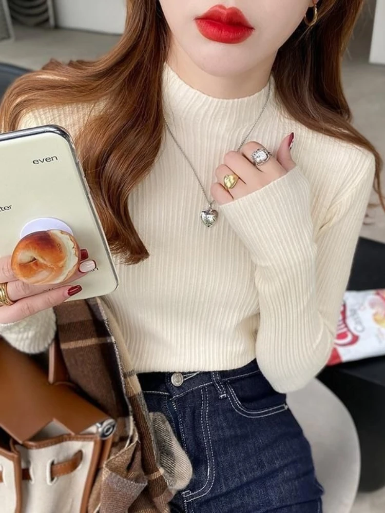 

2025 Women Long Sleeved Turtleneck Sweater Harajuku Pullovers Women Knitted Slim Sweaters Korean Simple Basic Solid Tops