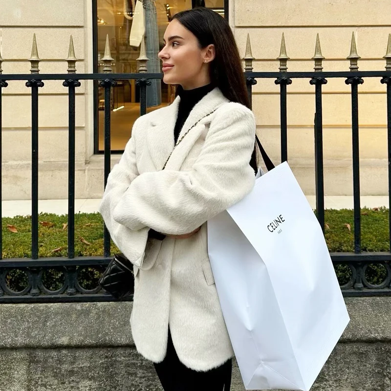 HXAO Faux Fur Coats Women's Blazer 2025 White Hairy Outerwears Female Fitted Plush Long Sleeve Jackets Lady Chic Elegant Blazers