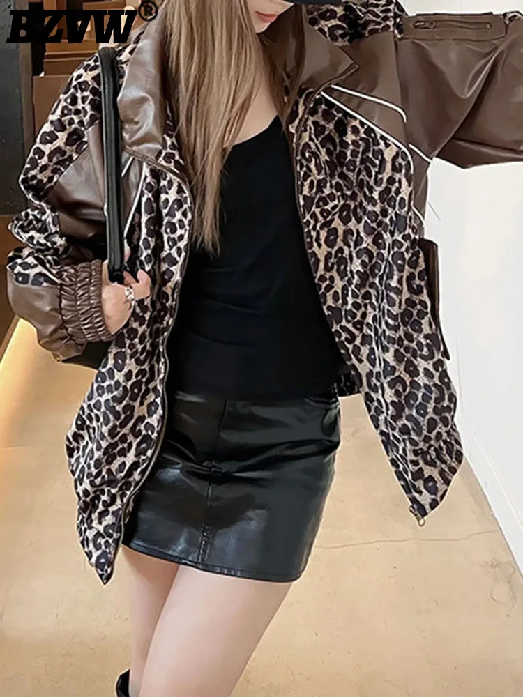 

BZVW Leopard PU Leather Patchwork Coat For Women Stand Collar Contrast Color Personalized Jacket 2024 Autumn New 25A8396